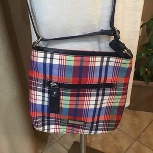 TOMMY HILFIGER Madras Plaid Fabric Crossbody Purse Adjustable Navy Strap Y2K